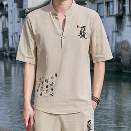 Men's Tracksuits Linen Embroidery Hanfu Sets Top Pants Vintage Chinese Style Suit Male Traditional Tang Taichi Summer Men Cotton