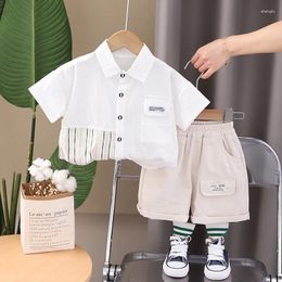 Clothing Sets Toddler Boy Summer 2024 Fashion Casual Block Vertical Short Sleeve Shirts And Shorts Two Piece Set Kids Boys Suits
