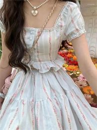 Work Dresses Summer Sweet Woman 2 Piece Set Cute Print Flower Short Design Shirt Tops & Elastic Waist Long Maxi Skirt Lady Outfits