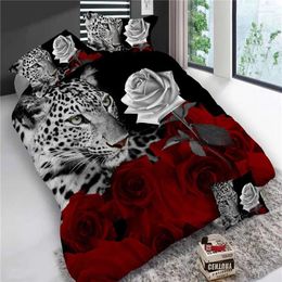 Bedding Sets 4Pcs King Size Luxury 3D Rose Red Colour Bedclothes Comforter Cover Set Wedding Bed Sheet Tiger / Dolphin Panda