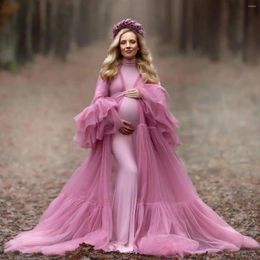 Party Dresses Pink Tulle Maternity Dress For Women High Neck Full Sleeves Gala Gowns Simple Ruched Vestidos Babyshower Poshoot