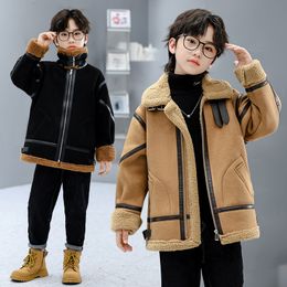 Boys' plush jacket for autumn and winter 2024, new western-style middle-aged children's wool sweater, imitation lamb fleece, thickened fur and fur in one piece