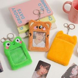 Card Holders Solid Colour Plush Pocard Holder Ins Korean Style Mini Kawaii Cover With Keychain Animal Protector Case Lady