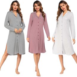 Women S Clothes Pyjamas Long Sleeved Striped Printed Button Placket Cardigan Shirt Home Sleepwear