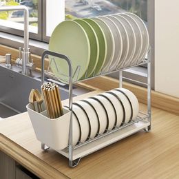 Kitchen Storage 2 Tier Bowl And Dish Rack Household Tableware Drain Rust-Proof Stainless Steel Drainer Organiser Cabinet