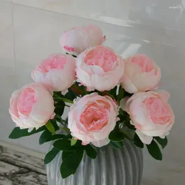 Decorative Flowers Artificial Silk Fake Flower Wrapped Heart Peony Bouquet Wedding Decor Simulation Pink Peonies Floral Home Decoration