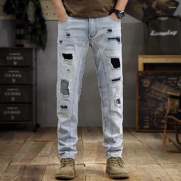 Men's Jeans Summer Washed Wear-White Ripped Slim Fit Straight Ankle-Tied Vintage Trendy Casual Street Motorcycle Trousers