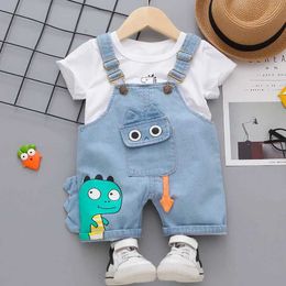Clothing Sets Summer Toddlers Boys Suit Baby Jumpsuit Dinosaur Boys Suspender Shorts Tshirt Sets Childrens Clothing Elastic Denim Jeans Overall WX