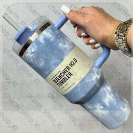 Quencher 40Oz Tumbler Tie Dye Light Blue Pink Leopard Handle Lid Straw Beer Stanely Cup Bottle Powder Coating Outdoor Camping Cup Neon White Gg0423 151