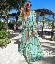 Lady Floral Print Kimono Swimwear Dresses Women Chiffon Vestidos Para Playa Cardigan Large Swing Colour Robe Long Beach Dress