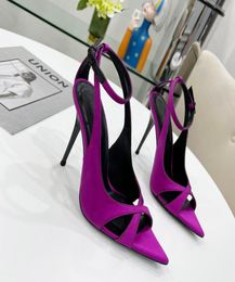 Spring Latest Fashion Purple Satin Shallow Mouth Pointed Sandals Luxury Women039s Ultrahigh Heel Buckle Thin Heel Roman Open T9280428