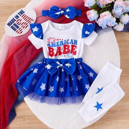 Clothing Sets Baby Girl 4th Of July Outfit Letter Print Short Sleeve Romper Mesh Skirt Bow Headband Leg Sleeves Toddler Summer Set
