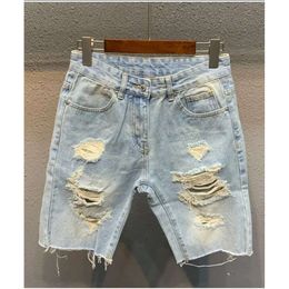 Mens Jeans Ripped Denim Shorts Light Blue Fifth Pants Trendy Allmatch Loose Woolen Split Stitching Short D