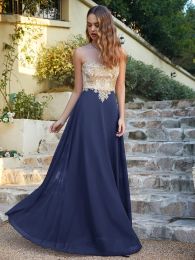 Spets Applique Elegant Long Bridesmaid Sexig genomskinlig bakre aftonklänning Mesh Neck Prom Gown Vestidos de Gala CPS620