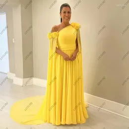 Party Dresses LIYYLHQ Yellow 3D Flower Prom With Cape A-line Backless Chiffon Floor Length Wedding Bridesmaid Evening Dress
