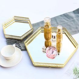 Decorative Figurines Luxury Nordic Style Hollow Gilded Iron Delicate Glass Mirror Base Creative Jewelry Cosmetic Storage Tray Fruit Plate