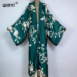 Bohemian Printed Bikini Cover-ups Elegant Kimono Fashion Print Cardigan Sexy Holiday Long Sleeve Silk Feeling Loose Dress