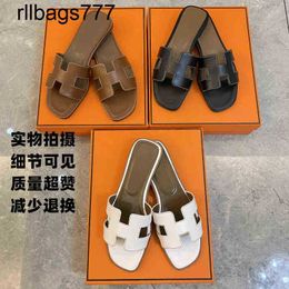 Designer Oran Luxury Original Slipper Slides High Version with Summer H-mop Brown One Line Leather Flat Heel Sandals Wear Korean Daily Outside