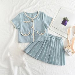 Clothing Sets 2 Pcs Korean Version Of The Girl's Small Incense Wind 2024 Summer Short-sleeved Top Pleated Skirt Two-piece Set