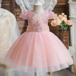 Girl's Dresses Toddler Girl Pink Party Dress 12 Month Baby Girl First Birthday Princess Tutu Gown Infant Embroidery Flower Bow New Year Costume