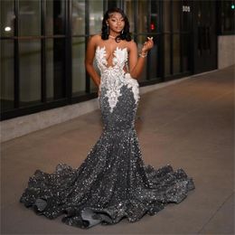 Sparkly Sequin Prom Dresses For Black Girl Elegant Mermaid Evening Dress 2024 Crystal Beaded Birthday Dress Formal Party Gown South African Aso Ebi Vestio De Fiesta