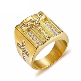 Punk Jesus Christ Cross Chunky Ring for Men 14K Gold Crystals Religion Prayer Male Hip-hop Jewelry Gold Color