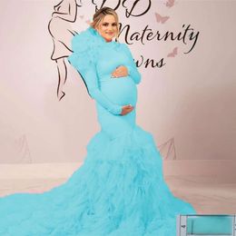 Chic Pink Dresses Long Sleeve Ruffle Maternity Gown For Photoshoot Boudoir Lingerie Bathrobe Nightwear Baby Shower