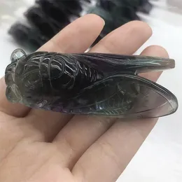 Decorative Figurines Natural Rainbow Fluorite Cicada Quartz Crystal Healing Stone For Pendants Craft Women Girl DIY Carved Figurine Animal
