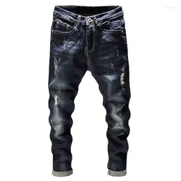 Men's Jeans Distressed Men Dark Blue Stretch Slim Fit Hip Hop Destroyed Broken Holes Ripped Man Denim Pants Frayed Trousers Punk Style