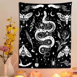 Tapestries Moth Snake Tapestry Wall Hanging Black White Moon Plants Flower Boho Room Art Home Decoration Cloth