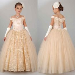 New Vintage Flower Girls Dresses For Wedding Off Shoulder Lace Champagne Princess Party Children Birthday Girl Pageant Gowns 248L