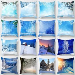 Pillow European And American Style Winter Beautiful Snow Scene House Blue Sky Pillowcase Cover Sofa Car Home Decoration