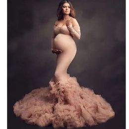 New Jewellery and Stretchy Spandex Maternity Dress Photoshoot Tiered Ruffles Pleated Bottom Tulle Mermaid Robes Train vestito