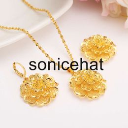 Pendant Necklaces in full bloom 24k Solid Fine Yellow Gold Filled Multichamber Flower set Jewellery Pendant Chain Earrings African Bride Wedding Bijoux Gift