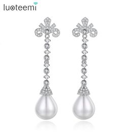 LUOTEEMI Elegant Flower Cubic Zirconia Tassel Drop Earrings for Women White Imitation Pearl Dangle Wedding Bridal Accessories 240516