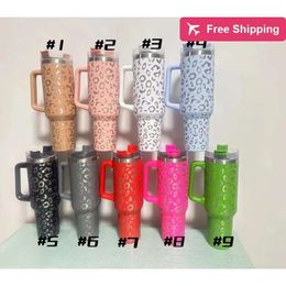 40oz Leopard Stainless Steel Tumblers Cups with Handle Lids and Straw Outdoor Travel Car Beer Mu stanliness standliness stanleiness standleiness staneliness FKBR