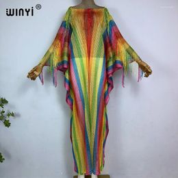 Golden Silk Rainbow Printing Summer Perspective Sexy Tassels Long Dress Elegant Women Beachwear Swimsuit Cover Up
