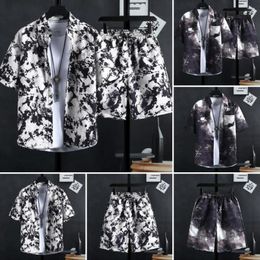 Men's Tracksuits 2Pcs/Set Men Summer Casual Outfit Lapel Short Sleeve Single Breasted Shirt Wide Leg Shorts Set Printing Hawaii