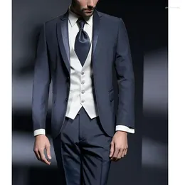 Men's Suits Men Coat Pants Vest Navy Blue Wedding Full Set Notched Lapel Single Breasted Satin Regular Fashin Slim Fit Costume Homme