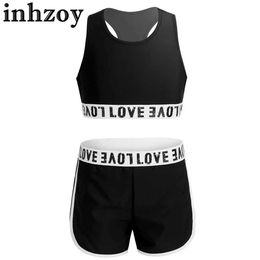 Dancewear Kids Girls Sleeveless Sports Outfit Letter Printed Racer Back Crop Tank Top with Shorts Bottoms Set for Dance Gym WorkoutL2405