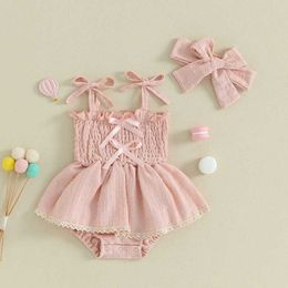 Girl's Dresses 0-18M Newborn Baby Girl 2Pcs Summer Outfits Sleeveless Bow Front Smocked Romper Dress with Headband Set Cute Infant Clothes