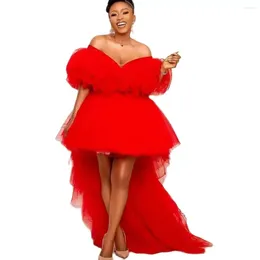 Party Dresses Red Tulle High Low Prom Short Front Long Back Women Birthday Dress Sexy V-Neck A Line Puffy Formal Evening Gowns