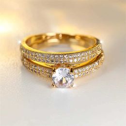 Band Rings White Zircon Engagement RSets Luxury Crystal Round Stone Womens Double Ring Vintage Gold Wedding Ring Bohemian Jewellery J240516