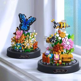 Blocks Bee butterfly flower bonsai building block insect plant pottery model brick with dust cover childrens DIY toy holiday gift WX