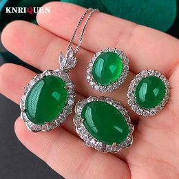 Wedding Jewelry Sets 2023 Trend Retro Fluorescent Jade Necklace Pendant Ring Earrings Party Exquisite Set Womens Gift Accessories