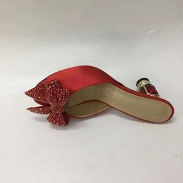 women Ladies 2024 Genuine satin leather Rhinestone 8CM high heels sandals summer Flip-flops slipper slip-on wedding dress Gladiator shoes diamond Ballots 3D 8b80