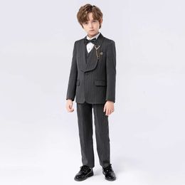 Children Luxurious Khaki Jacket Vest Pants Bowtie 4PS Party Dress Kids Ceremony Photograph Suit Flower Boys Performance Costume