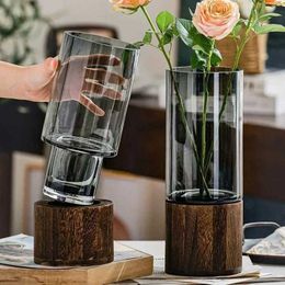 Vases A simple European hydroponic plant family living table with inserted flowers wood-based transparent glass vases home decoration J240515