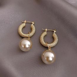 Hoop Earrings Trendy Korean Jewelry For Women Ball Drop Dangle Ear Clasp Big Simulated Pearl
