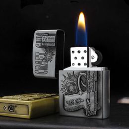 Z1176 Personality New Relief Technology Old Type Grinding Wheel Lighter Metal Open Flame Iatable Cigarette Lighter Wholesale